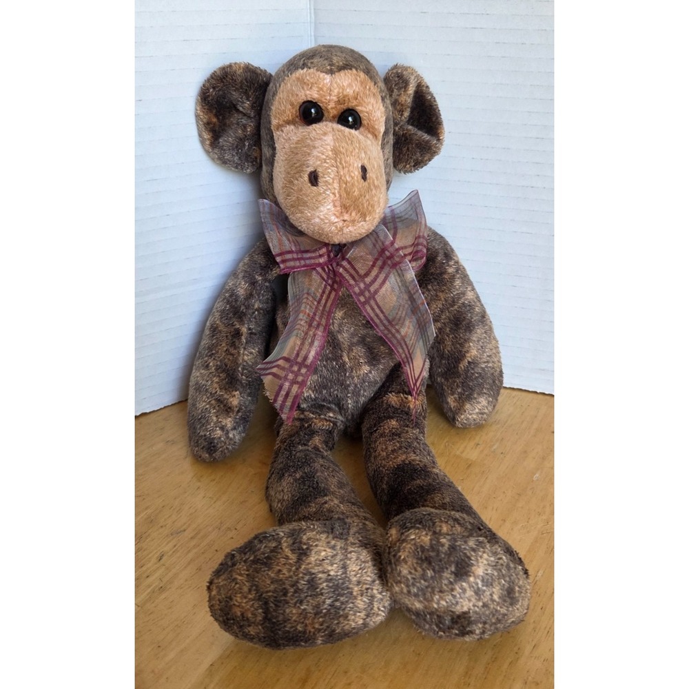 Vintage Commonwealth Marbled Brown Monkey Hug A Plush Stuffed Animal Plaid Bow